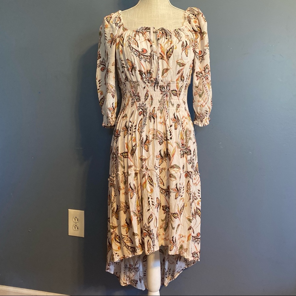 Anthropologie Fig & Flower Dress Floral 3/4 Sleeve Off Shoulder Tan Hi Lo 4 6 S